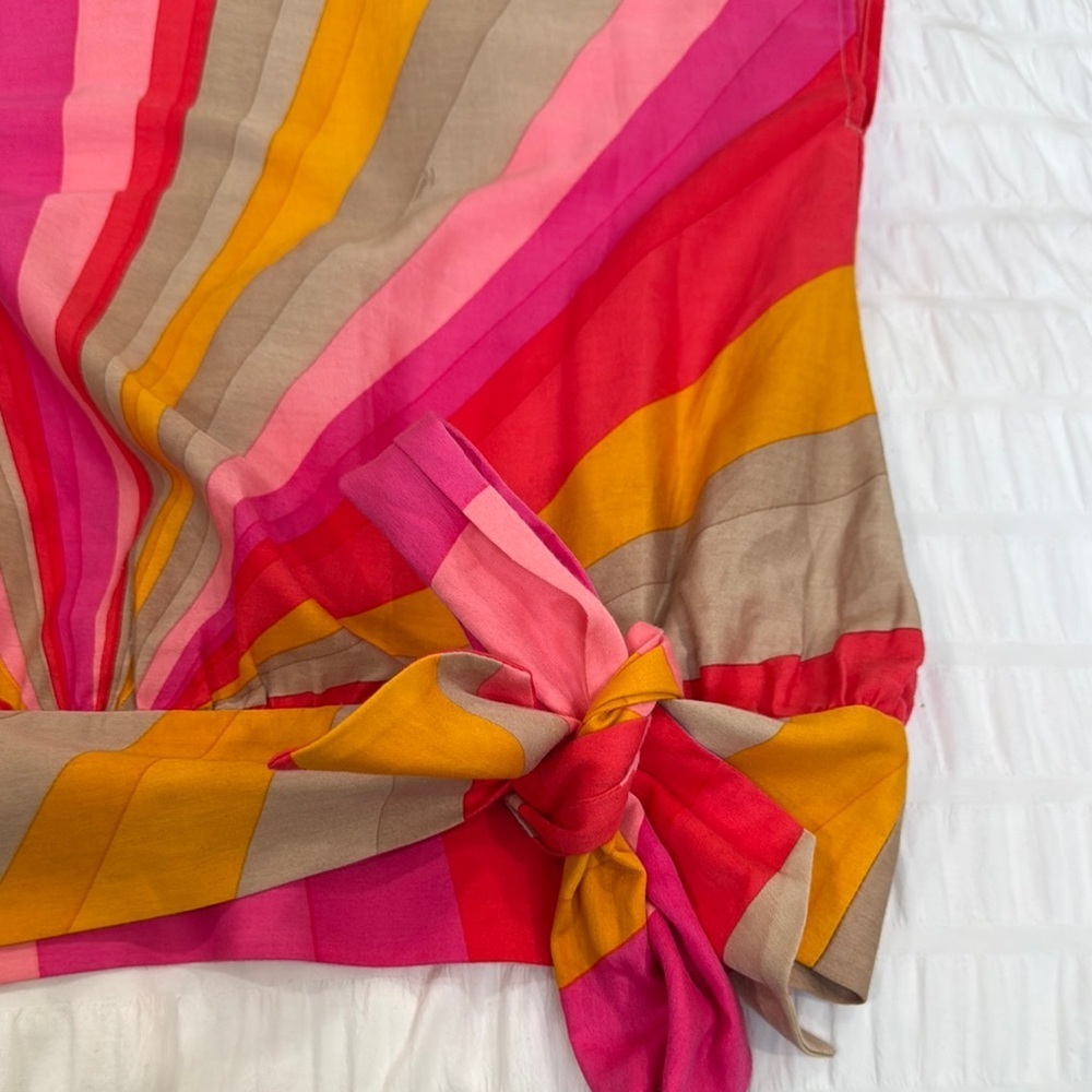 Trina Turk 100% Cotton Pink Yellow Beige side Tie Front Blouse Size L - Picture 6 of 8